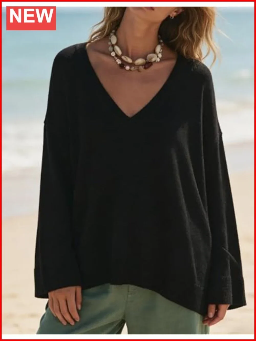 Oversized V Neck Lightweight Knit Tunic Pullover Sweater